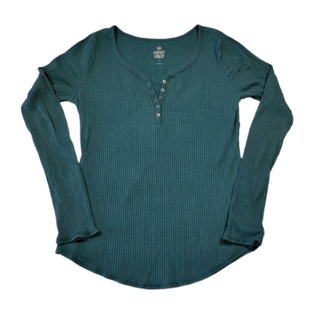 SO Perfect Henley Women's Teal Green Rib Knit Y2K V Neck Top L Elena Gilbert